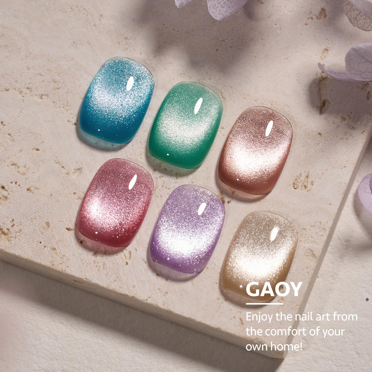 GAOY Esmalte Gel Ojo de Gato: acabado duradero hasta 4 semanas con base y capa superior.