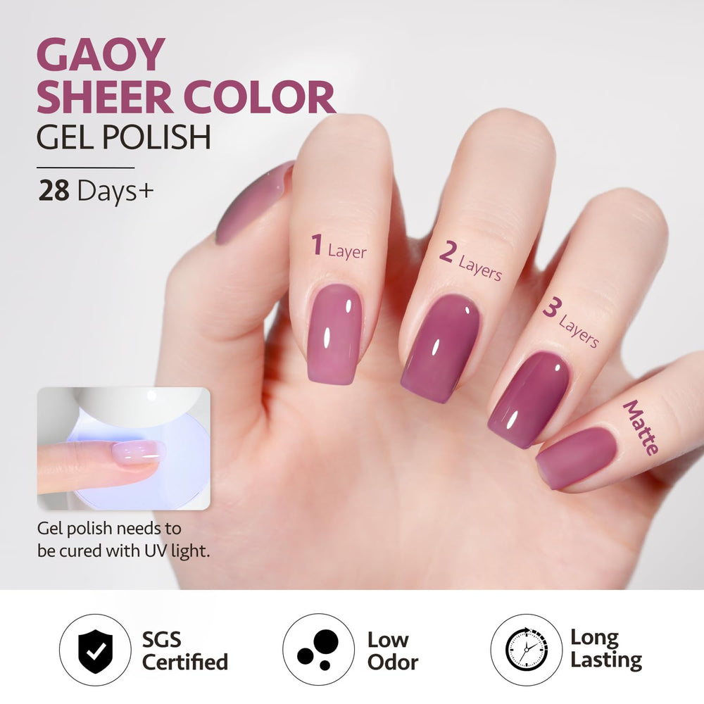 GAOY Gel de Uñas Púrpura Translúcido, acabado brillante tipo jelly.