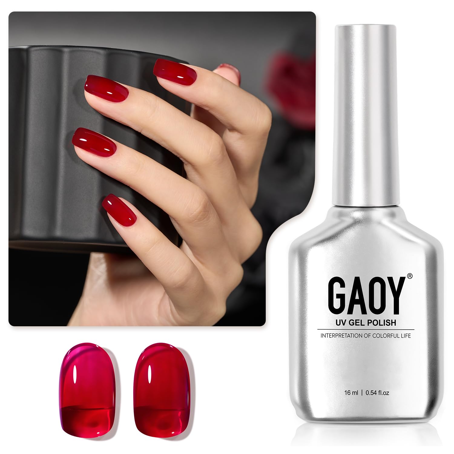 GAOY Esmalte gel Sheer Red en bote de 16 ml para uso doméstico en arte de uñas.