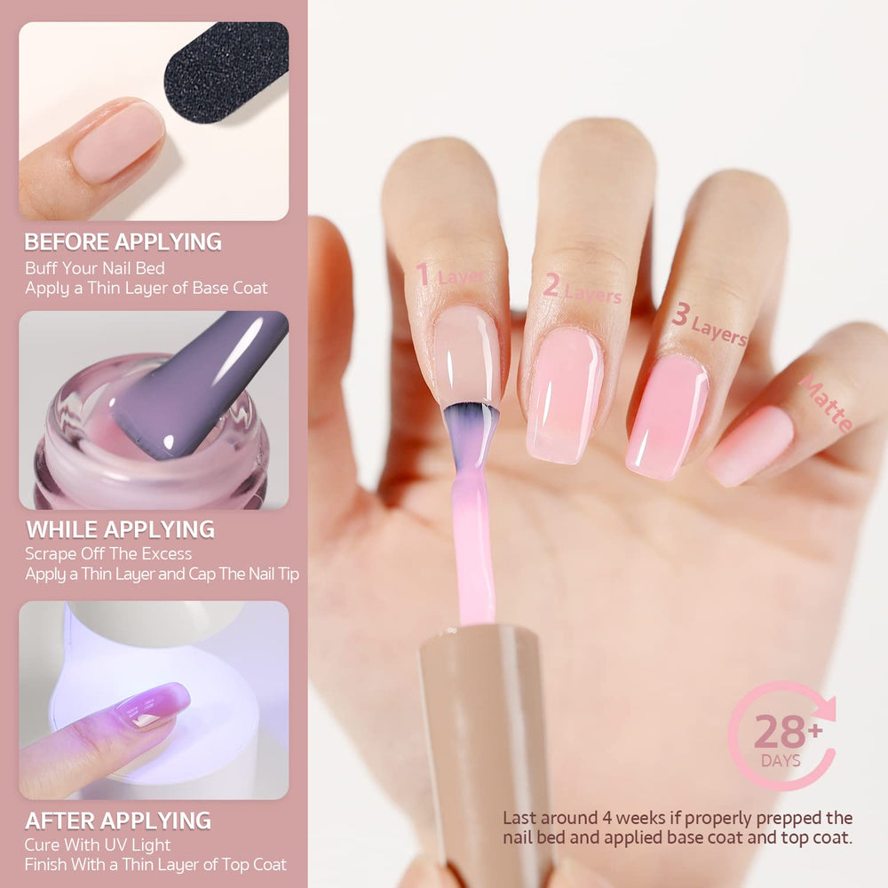 GAOY esmalte gel translúcido rosa intenso, base y capa final para acabado duradero.