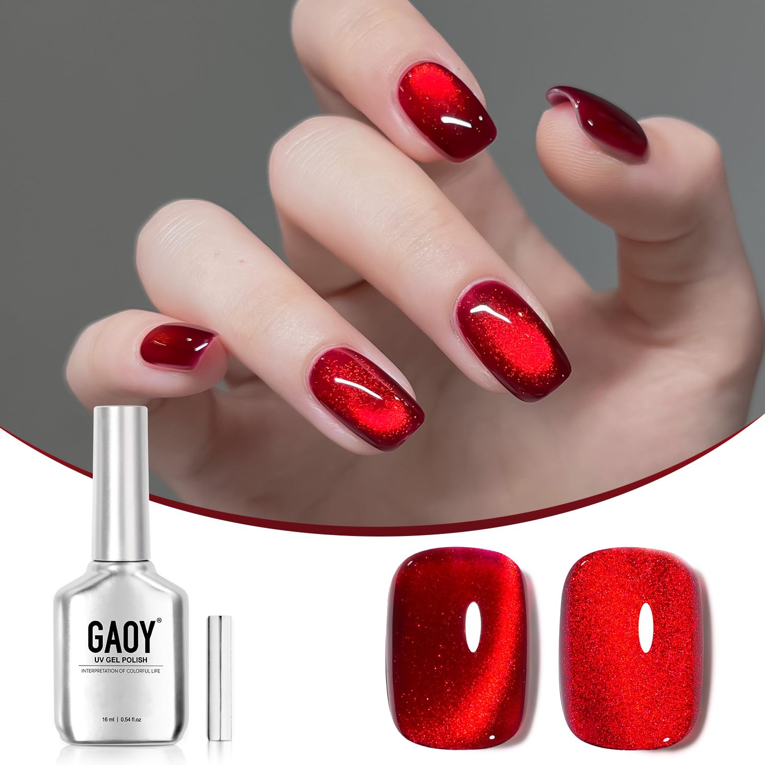 GAOY esmalte ojo de gato rojo ofrece brillo holográfico para uñas.