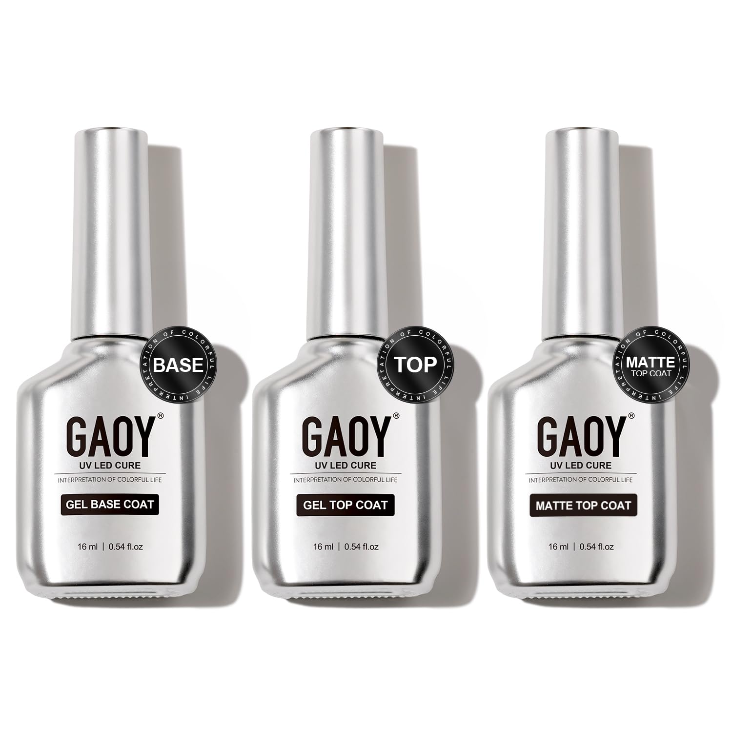 GAOY gel top coat bottle shows glass-like shine for lasting protection.