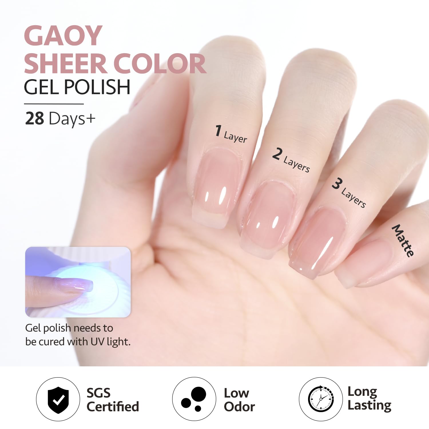 GAOY gel translucido aporta textura suave a uñas naturales.