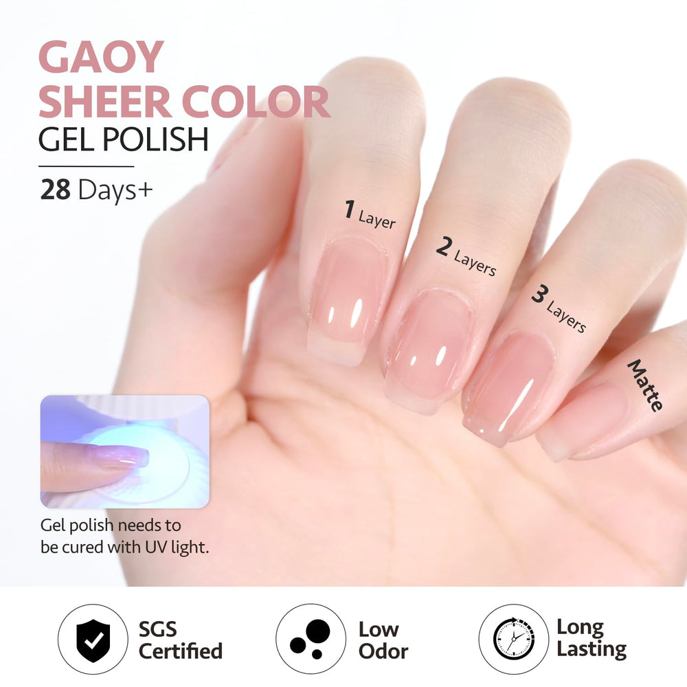 GAOY gel translucido aporta textura suave a uñas naturales.