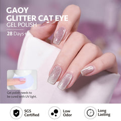 GAOY gel UV reflectivo, acabado translúcido para uñas suaves.