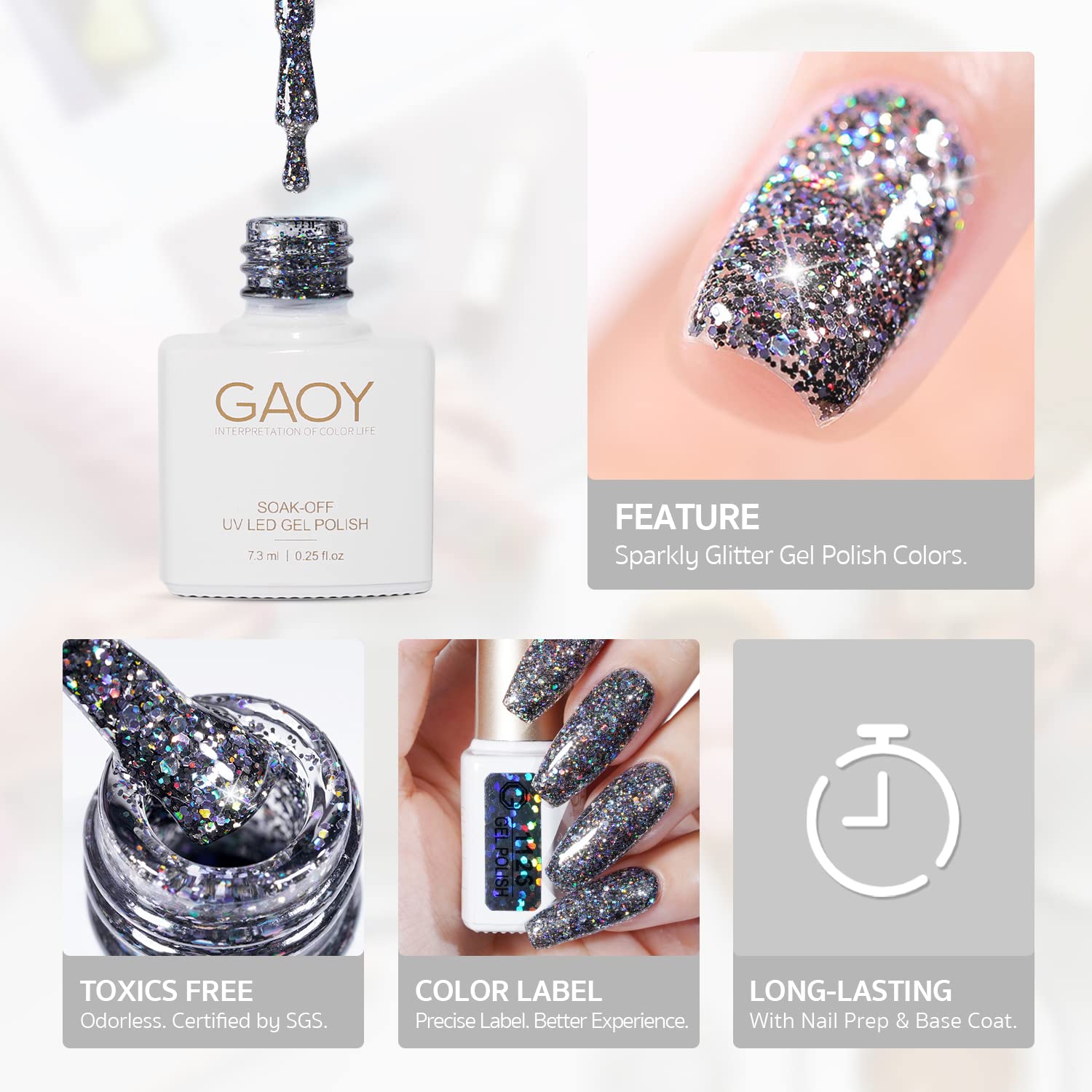 GAOY Glitter Ruby, curado en 60 segundos bajo lámpara UV-LED para secado rápido.