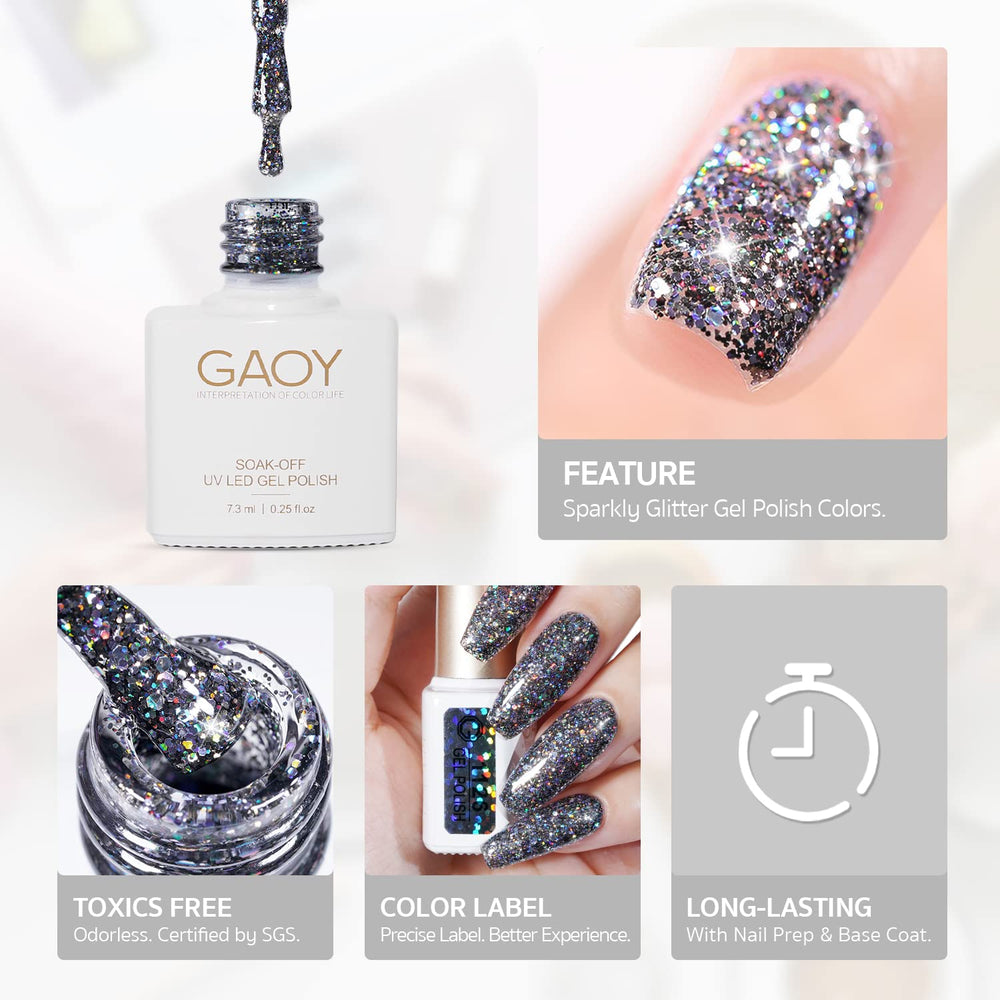 GAOY Glitter Ruby, curado en 60 segundos bajo lámpara UV-LED para secado rápido.