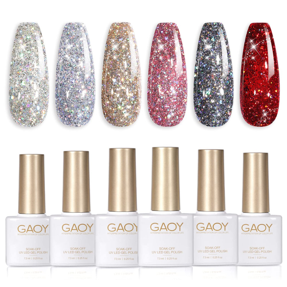 GAOY Glitter Ruby Set de 6 colores para manicura en casa, acabado brillante.