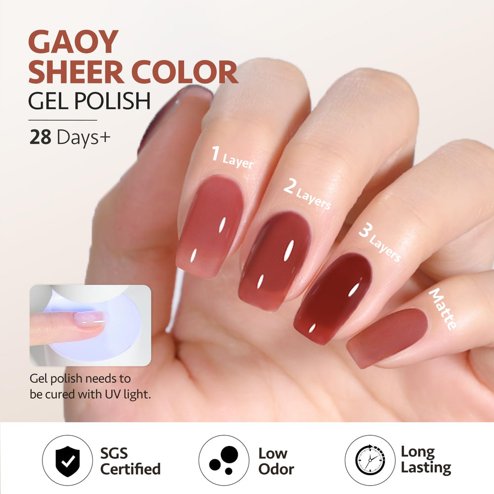 GAOY Jelly Brown: acabado duradero hasta 4 semanas con base y capa superior.