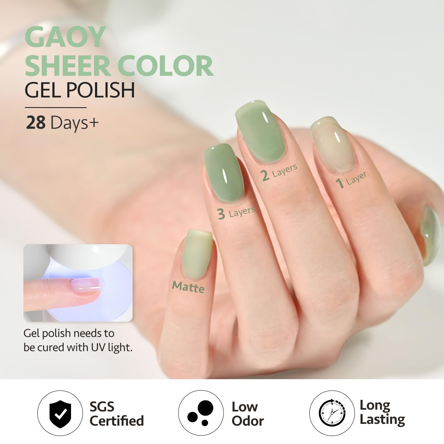 GAOY Jelly Green Gel Nail Polish Set uses a toxic-free formula with low odor.