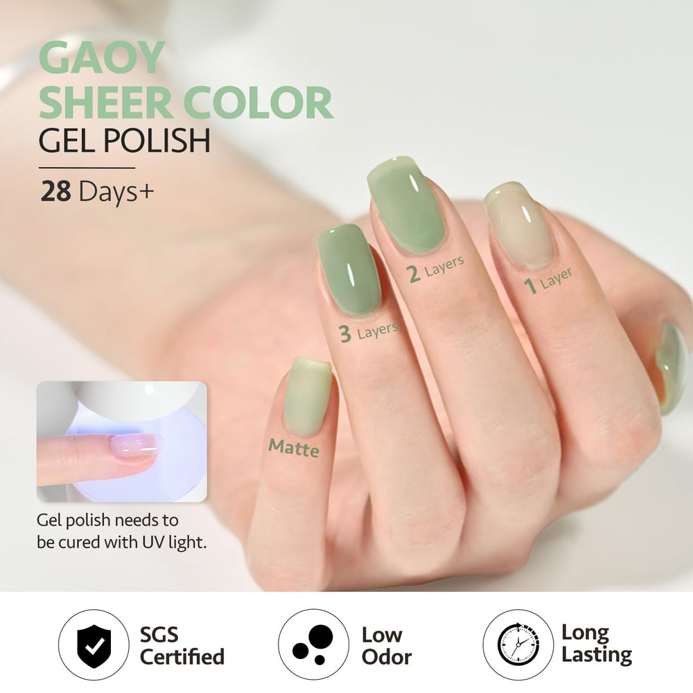 GAOY Jelly Green Gel Nail Polish Set uses a toxic-free formula with low odor.