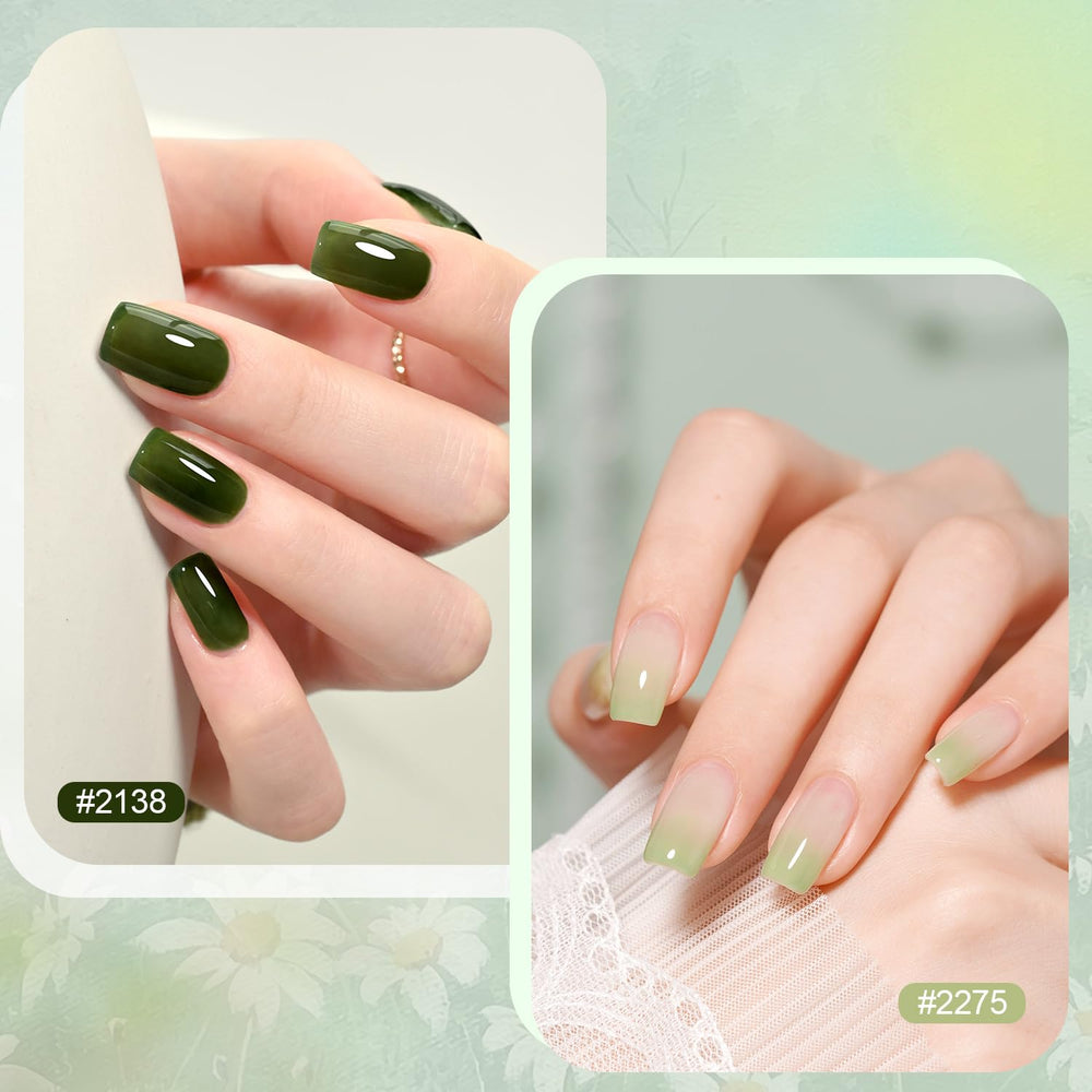 GAOY Jelly Green Gel Nail Polish Set cures under UV light in 60 seconds.