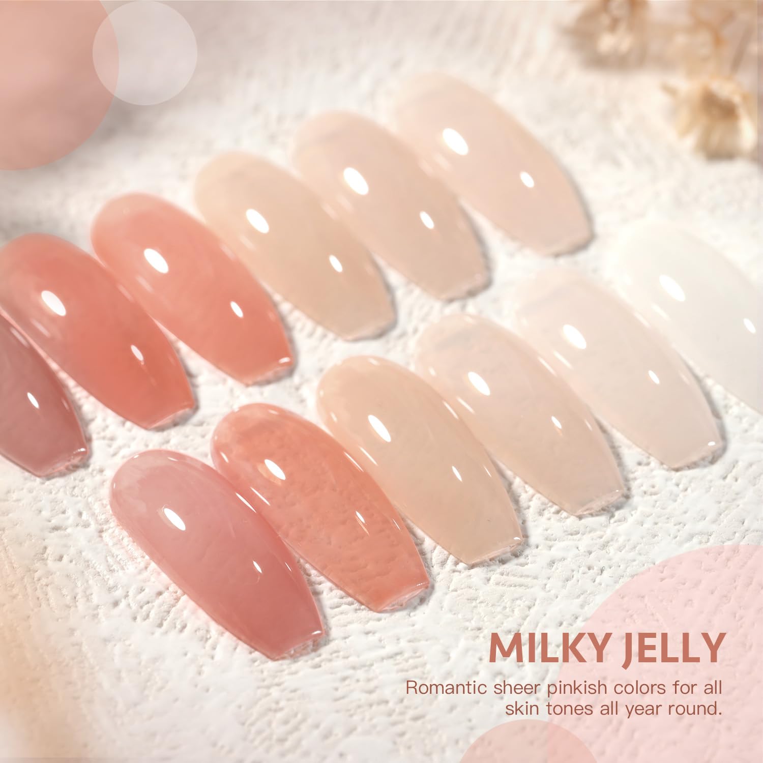 GAOY Milky Jelly Nude Gel: colores transparentes para capas que van de translúcido a opaco.