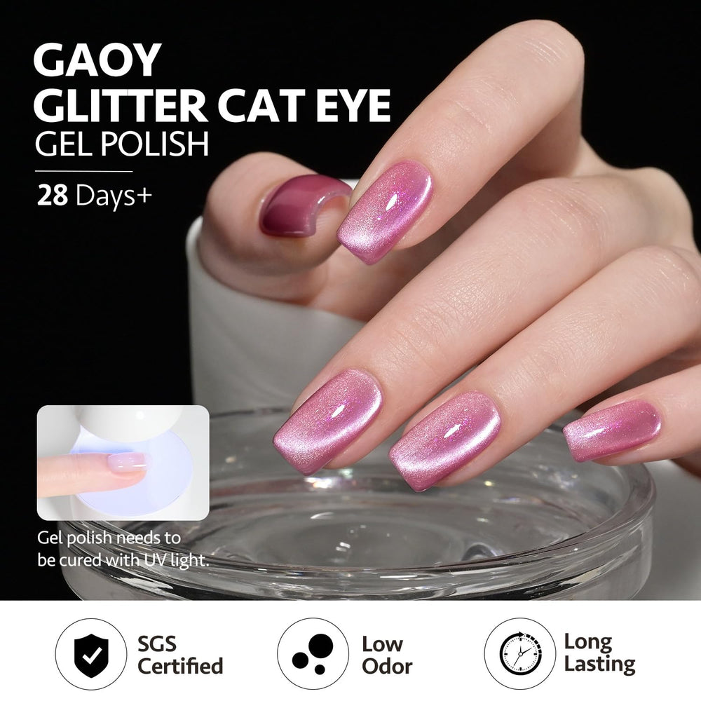 GAOY Pink Cat Eye Gel en mano mostrando patrón magnético