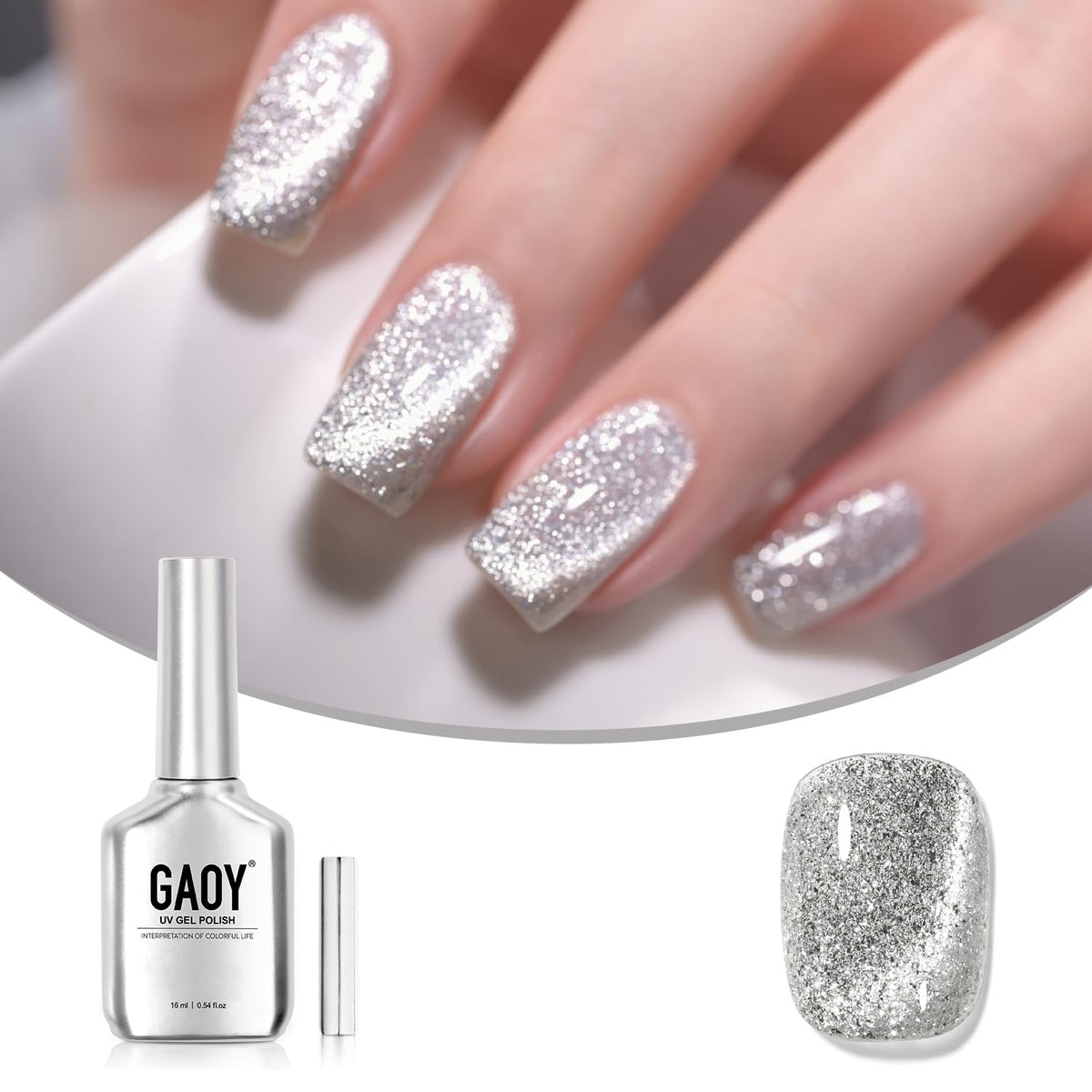 GAOY Platinum: botella de gel con efecto ojo de gato plateado y brillos para uñas
