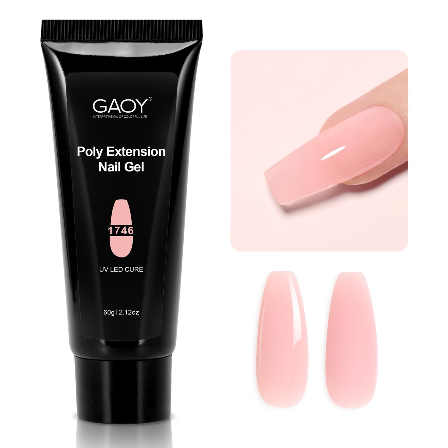GAOY Poly Gel: bote claro-rosado para uñas con acabado natural y fácil uso.