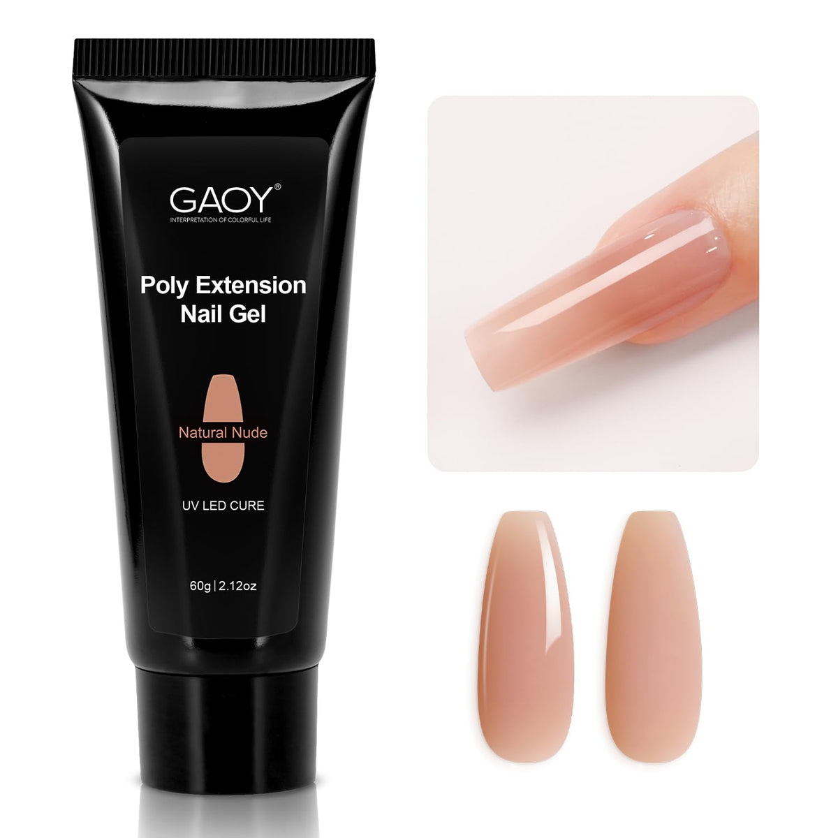 GAOY Poly Gel tono natural beige en manicura, primer plano de acabado suave