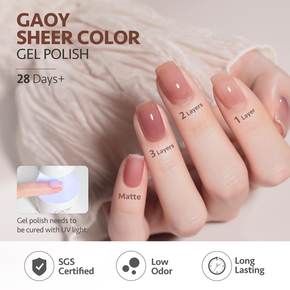GAOY esmalte gel jelly rosa-marrón, acabado suave y translúcido para arte de uñas.