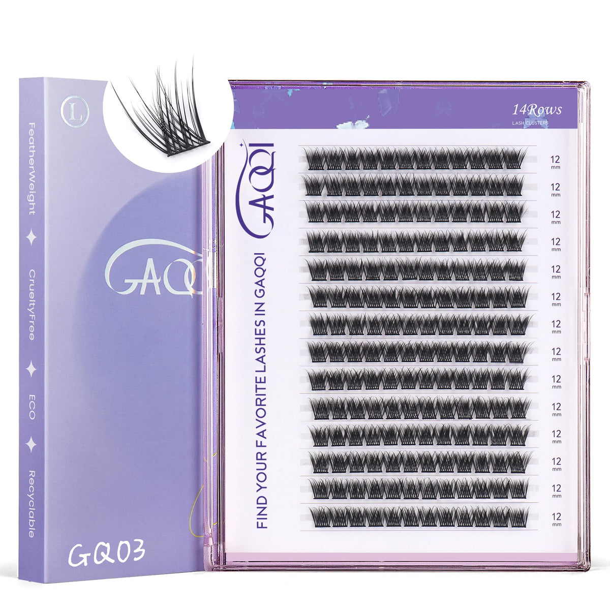 GAQQI GQ03, pestañas clusters 12mm curva C, 168 unidades para un aspecto natural y definido.