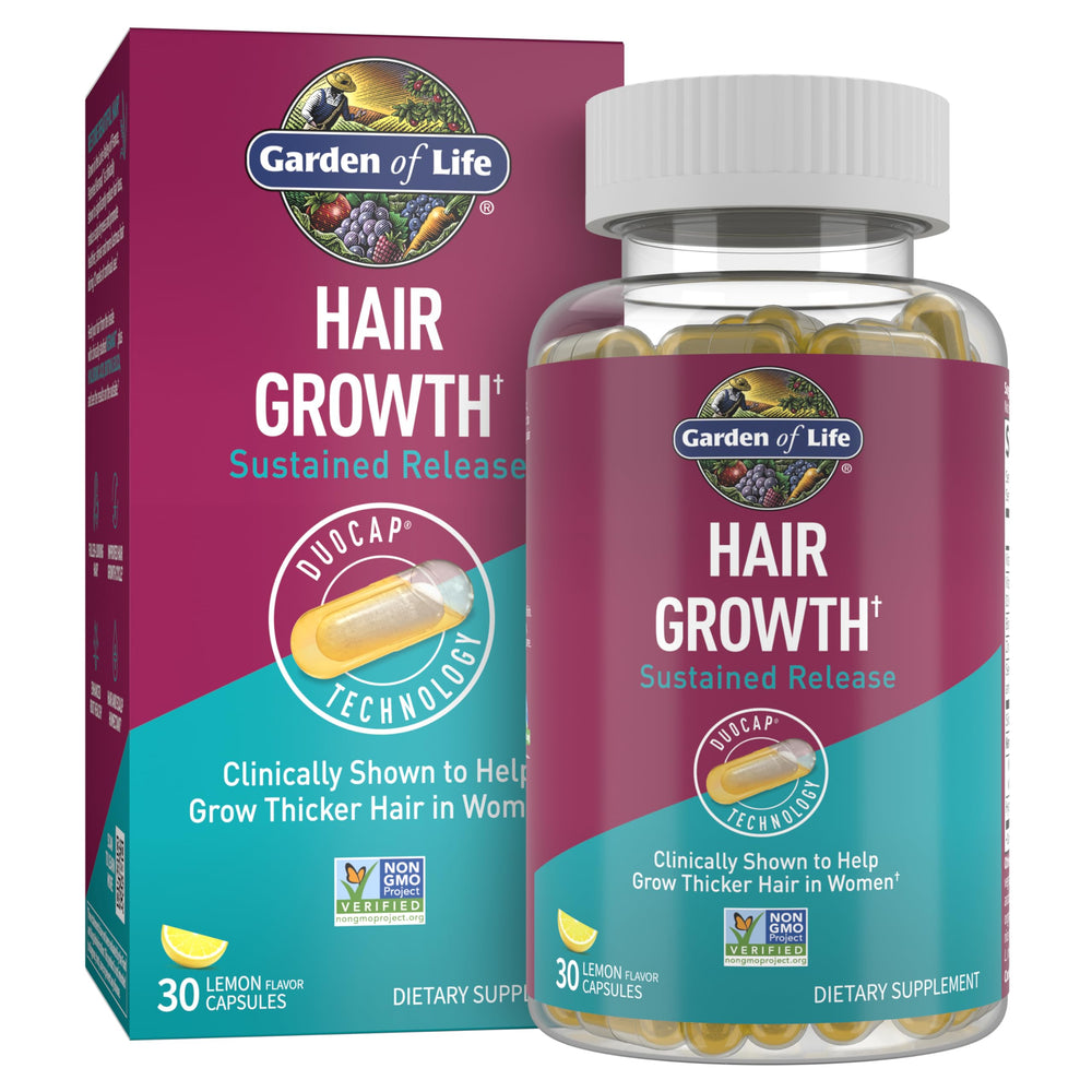 Garden of Life Hair Growth DuoCaps en botella con cápsulas para cabello más saludable