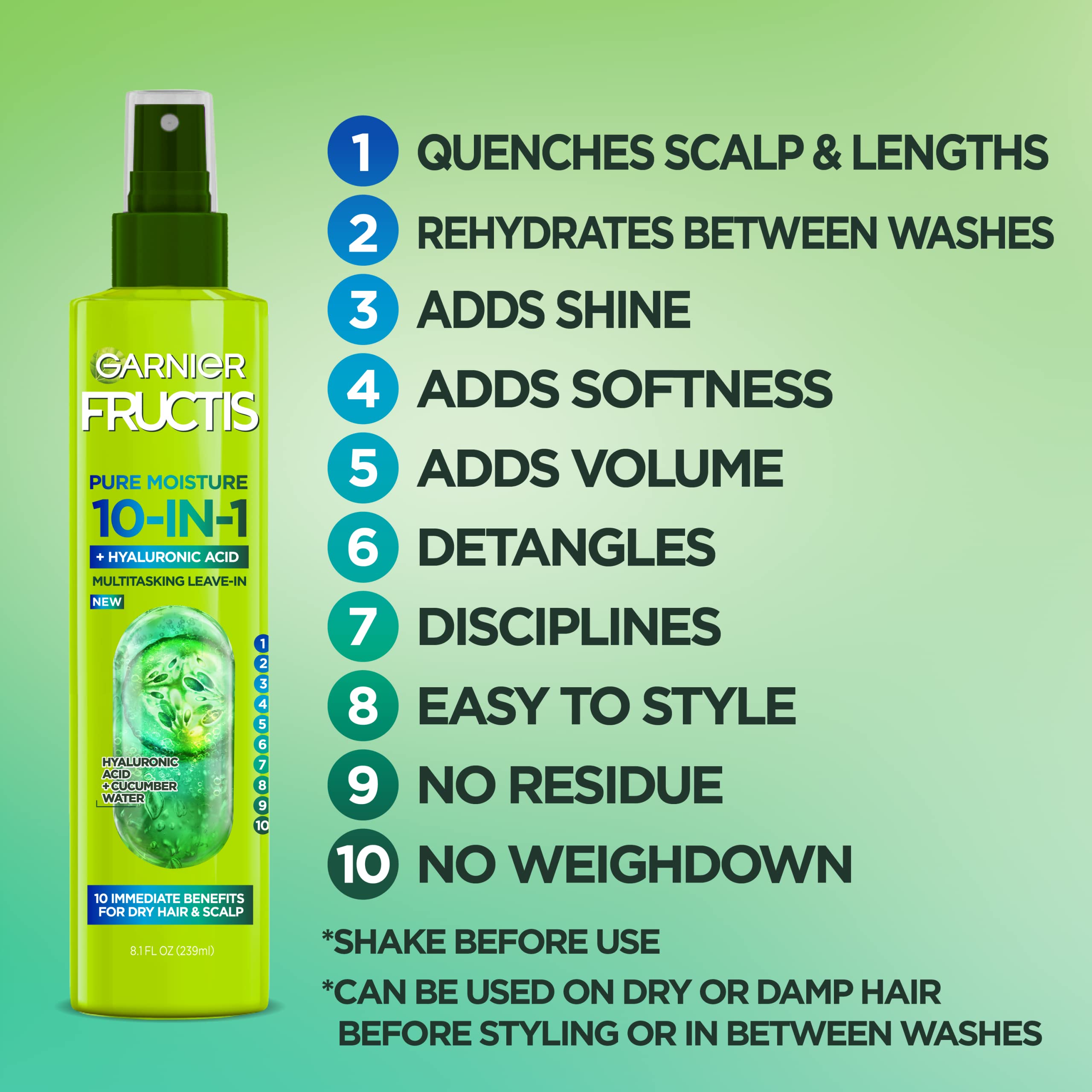 Garnier Fructis Pure Moisture, ingredientes hialurónico y pepino, hidratación suave para el cabello.