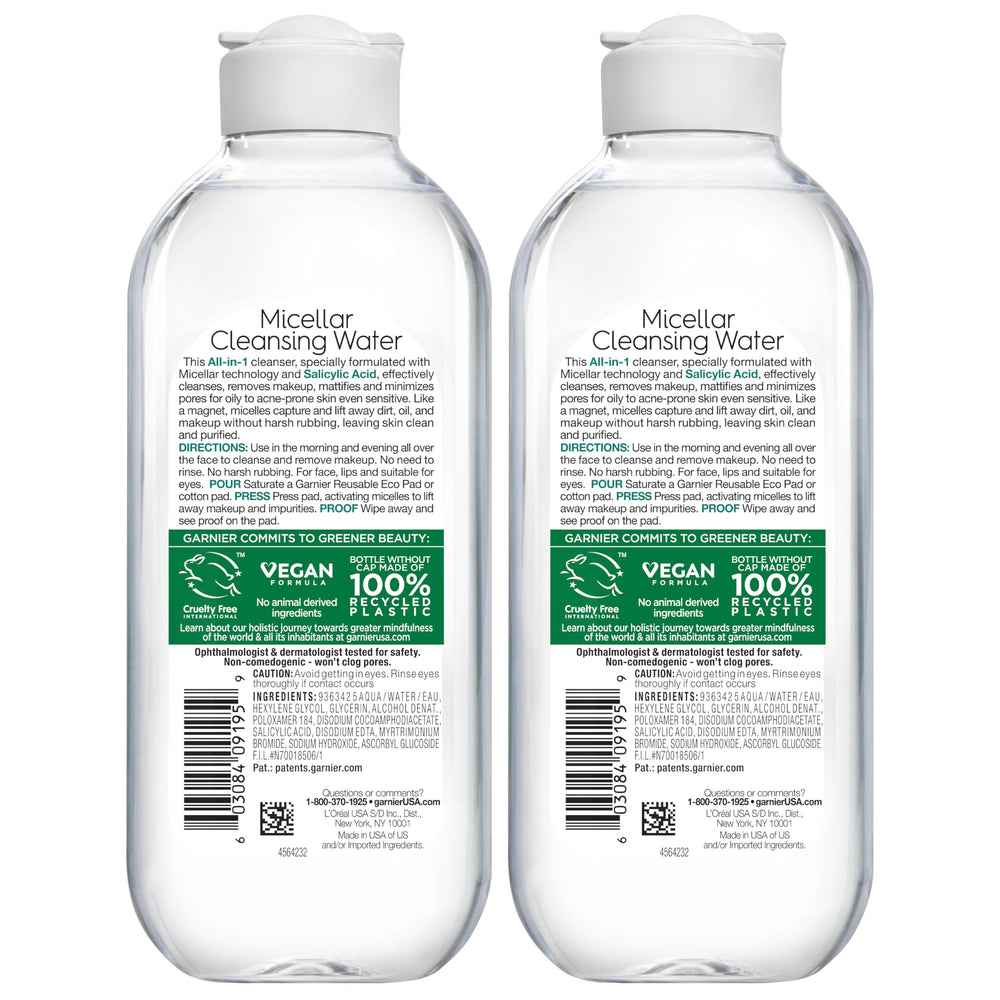 Garnier Agua Micelar con ácido salicílico, formato práctico para retoques faciales.