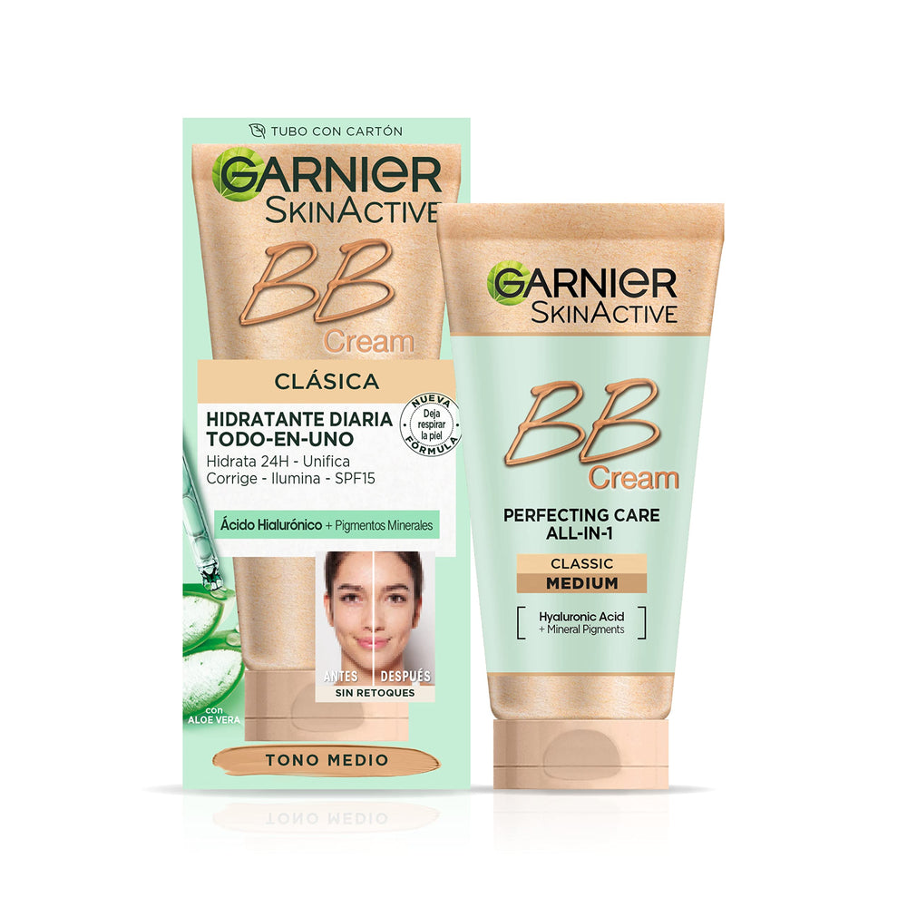 Garnier BB Piel Natural crema 50 ml, aplicación en rostro para tono uniforme.