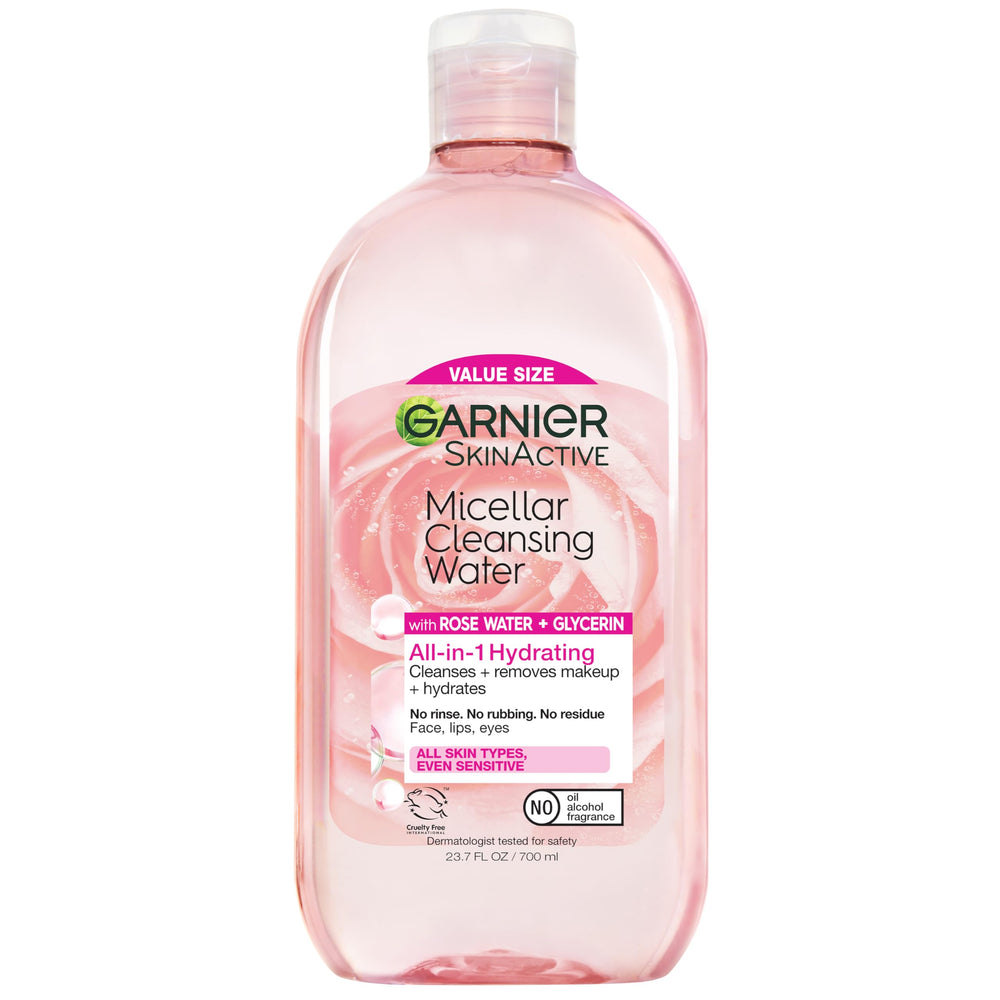 Garnier botella de agua micelar con rosas en bote de 700 ml, limpia e hidrata la piel sin enjuague.