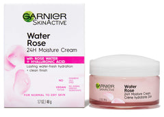 Garnier crema 24H, absorción rápida con ácido hialurónico para piel suave.