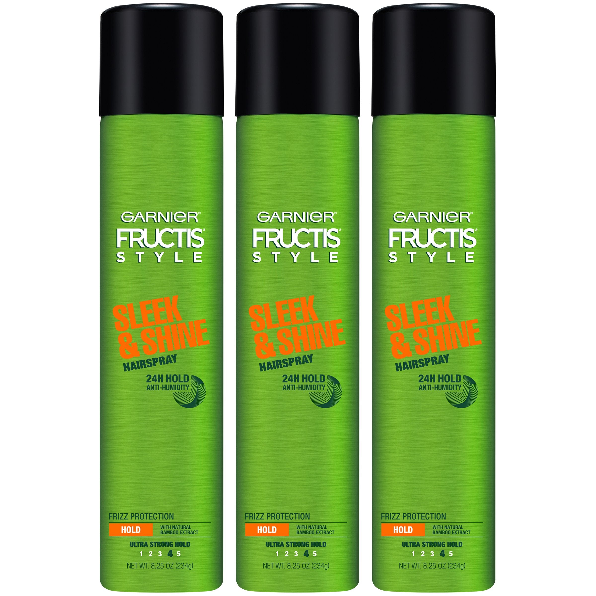 Garnier Fructis Style Sleek and Shine, botella visible, acabado liso y brillo duradero.