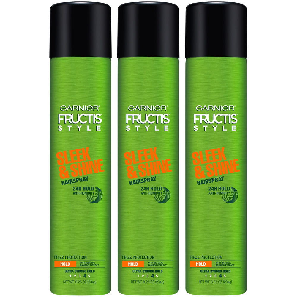 Garnier Fructis Style Sleek and Shine, botella visible, acabado liso y brillo duradero.