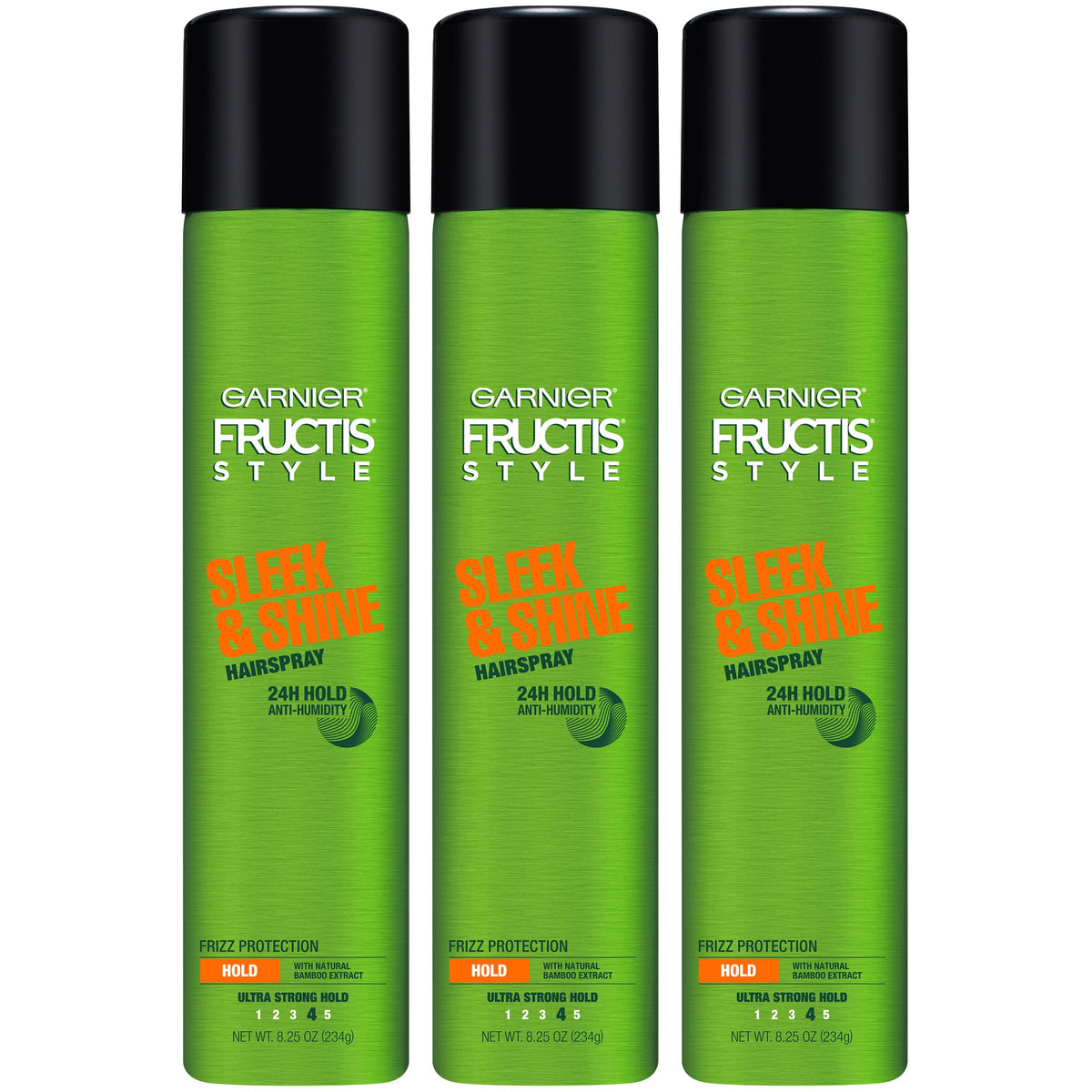 Garnier Fructis Style Sleek and Shine, botella visible, acabado liso y brillo duradero.