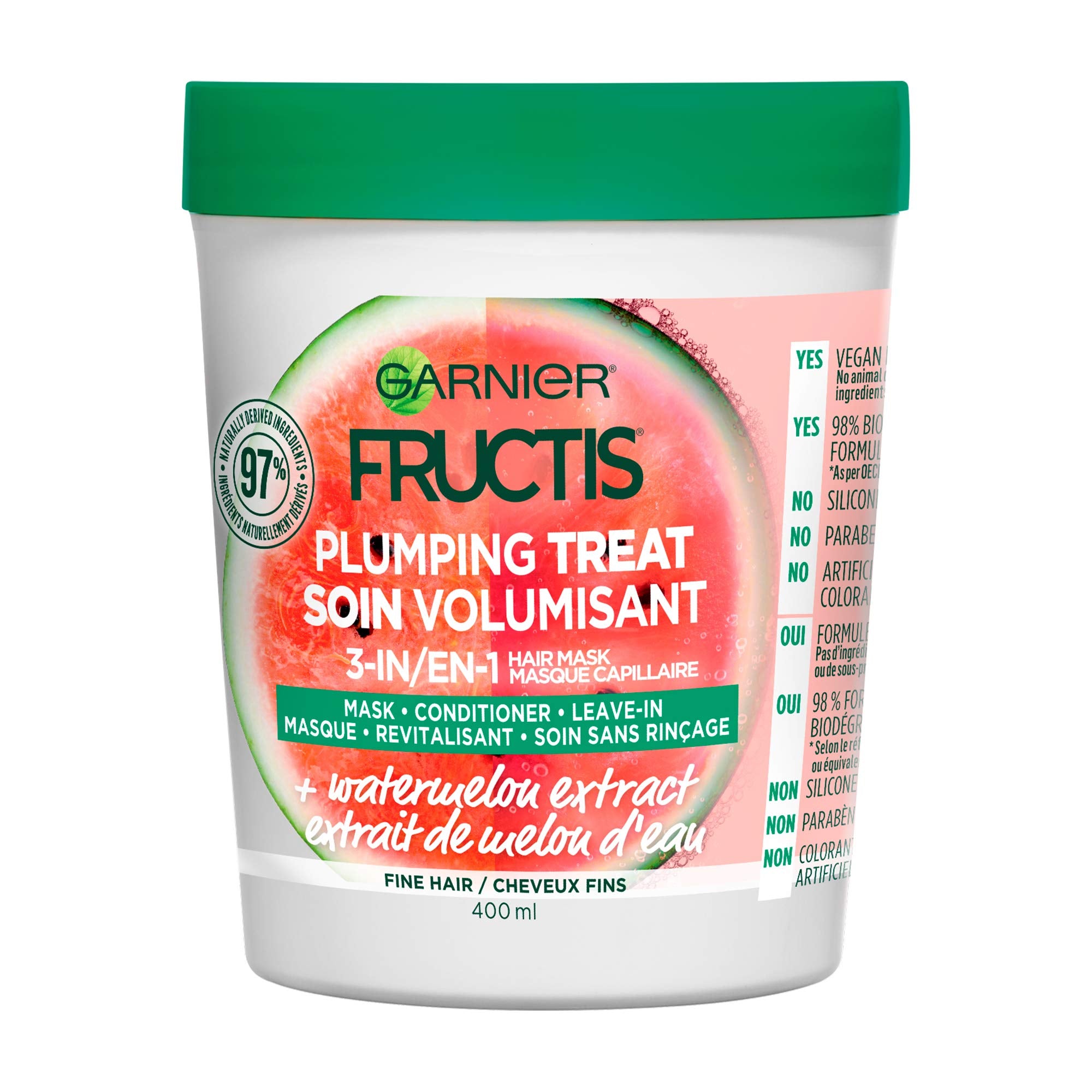 Garnier Fructis Plumping Treat 3-en-1 con extracto de sandía para cabello suave y volumen