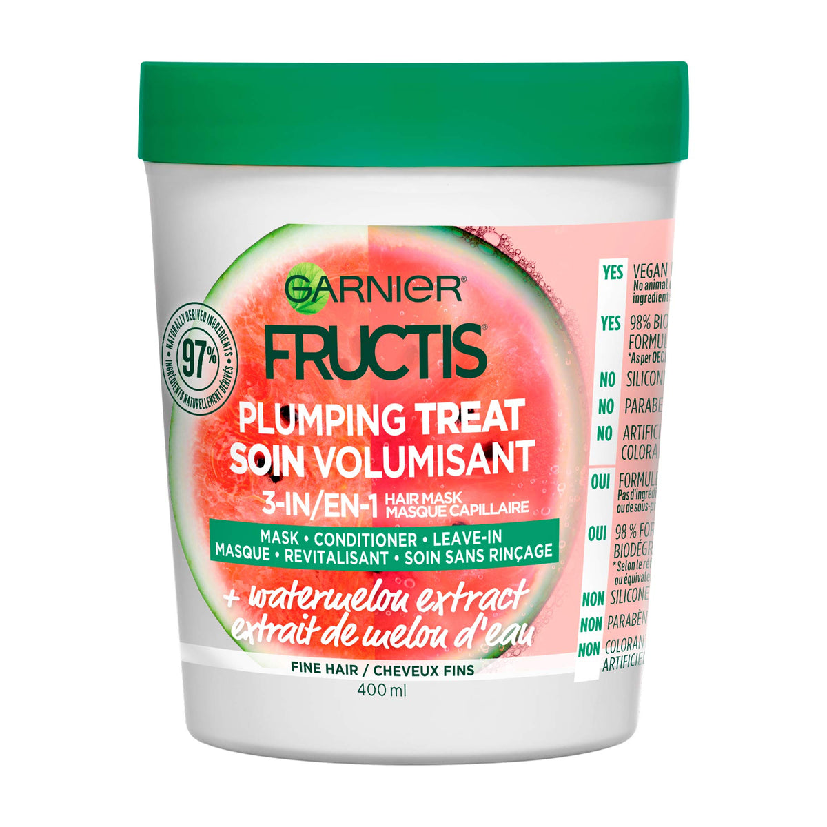 Garnier Fructis Plumping Treat 3-en-1 con extracto de sandía para cabello suave y volumen
