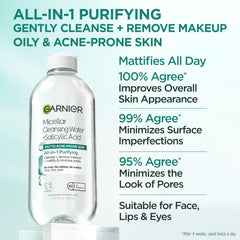 Garnier Micellar Agua Purificante, aplicación sin enjuague para rostro diario.