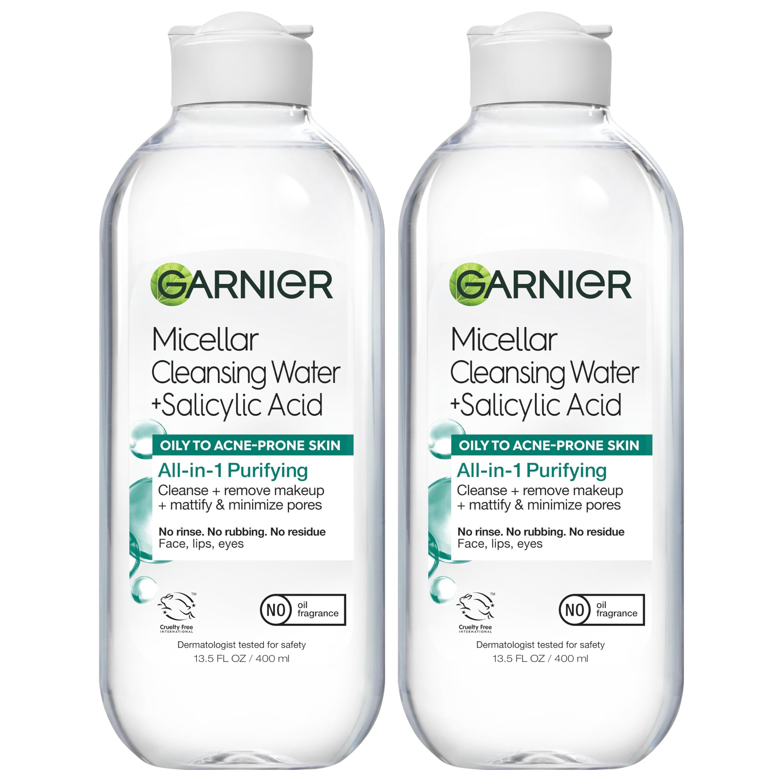 Garnier Micellar Agua Purificante con ácido salicílico, botella clara para desmaquillar sin frotar.