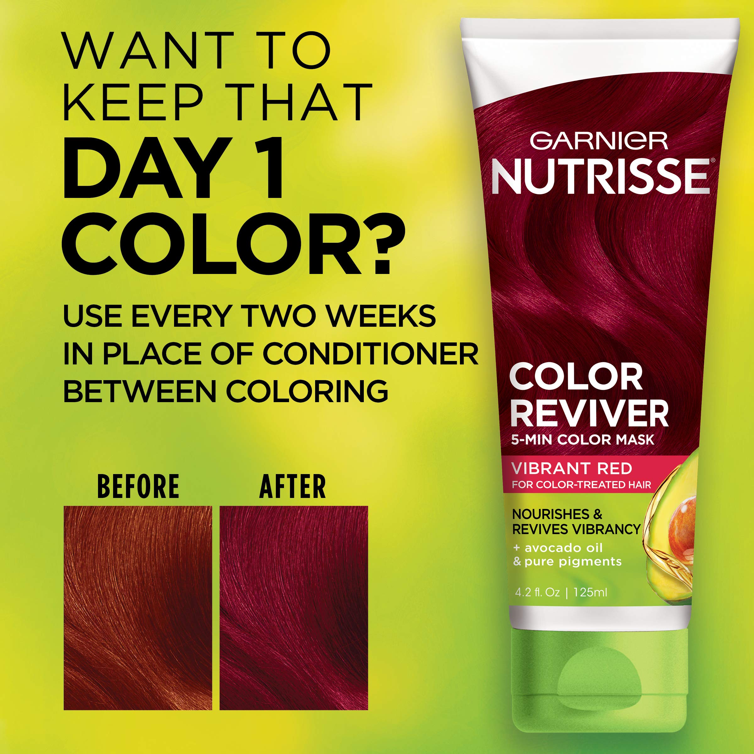 Garnier Nutrisse Color Reviver, tono Rojo Vibrante en cabello teñido.