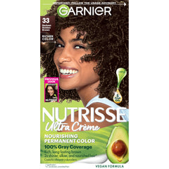 Garnier Nutrisse empaque crema colorante, fácil de usar y color duradero.