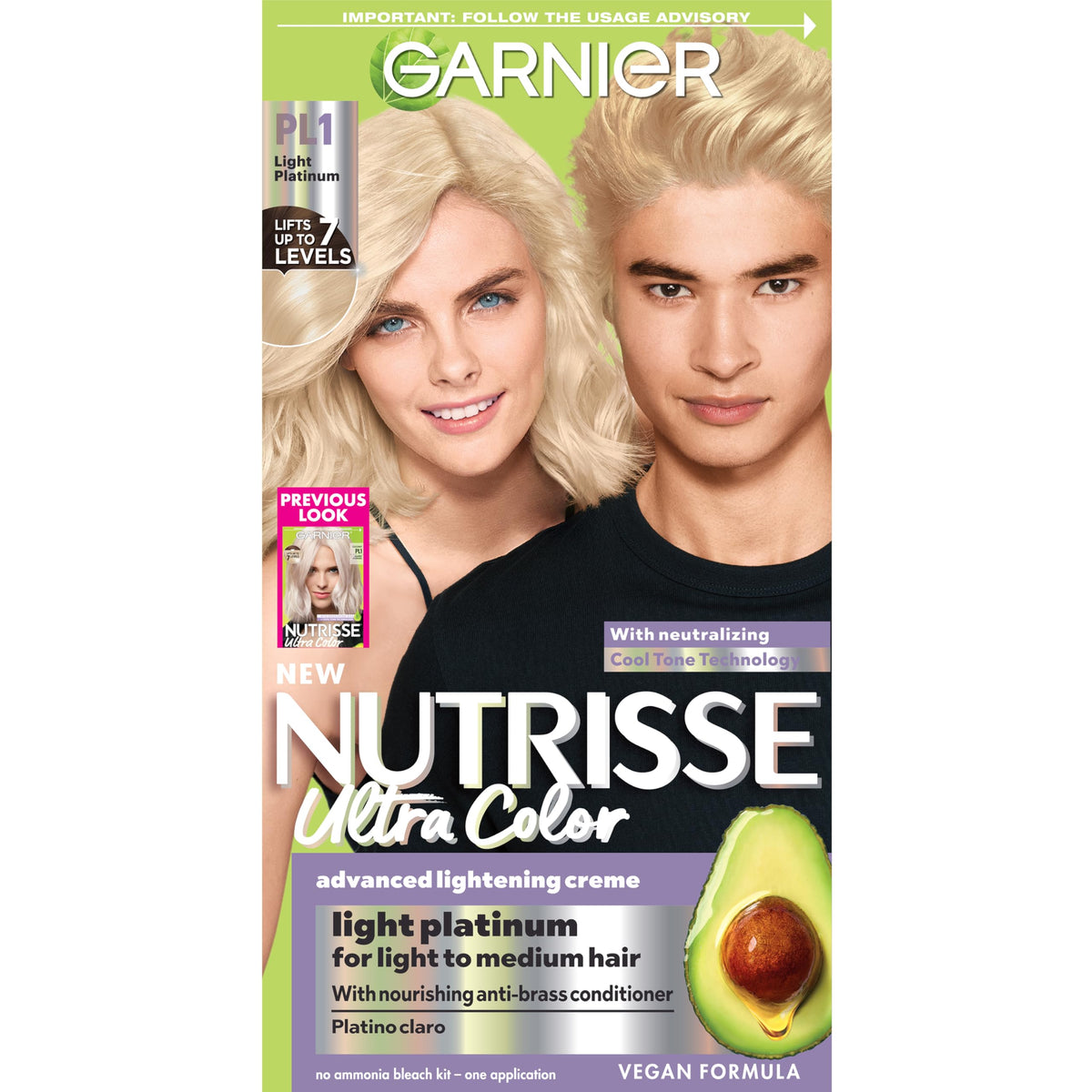 Garnier Nutrisse Ultra Color PL1: empaque visible para aplicación casera fácil y segura.