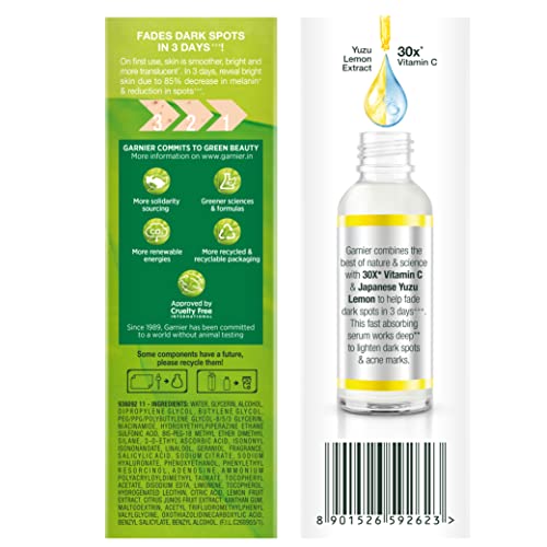 Garnier packaging and 30 ml bottle resting on display.