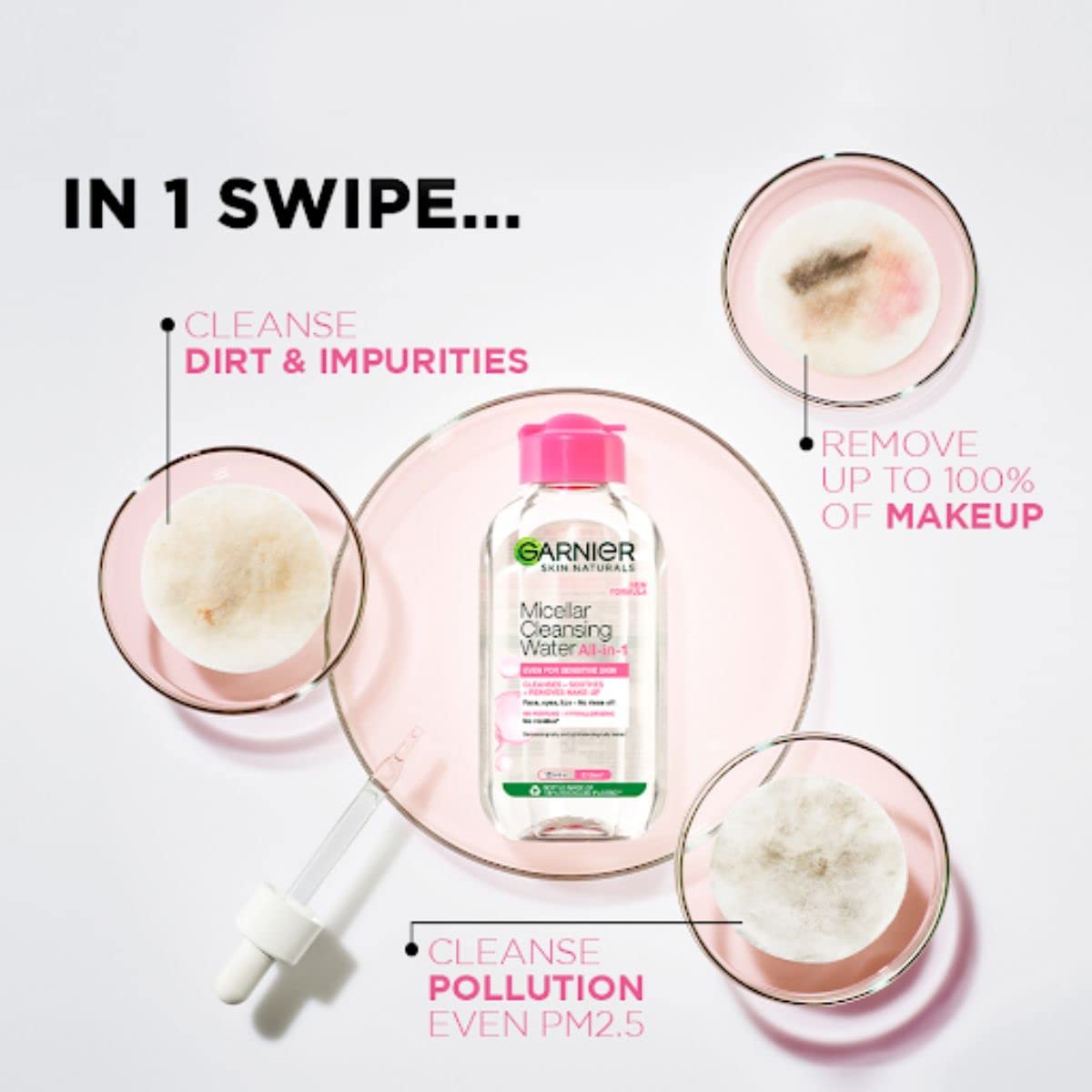 Garnier Skin Naturals Agua Micelar, aplicación con almohadilla para limpieza suave.