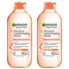 Garnier SkinActive Gentle Peeling Micellar Water bottle pour cleanses and exfoliates gently.