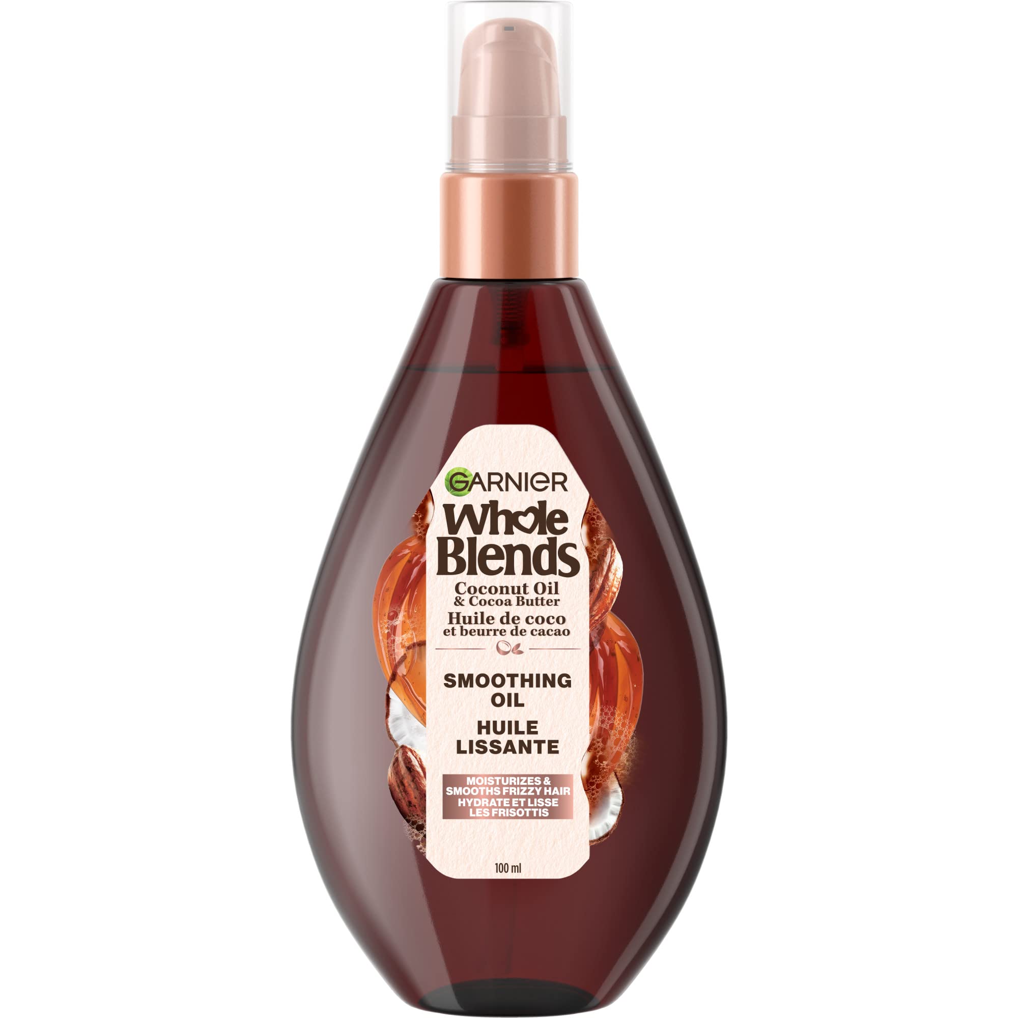 Garnier Whole Blends Aceite Alisante en botella, brillo suave gracias a coco y cacao.