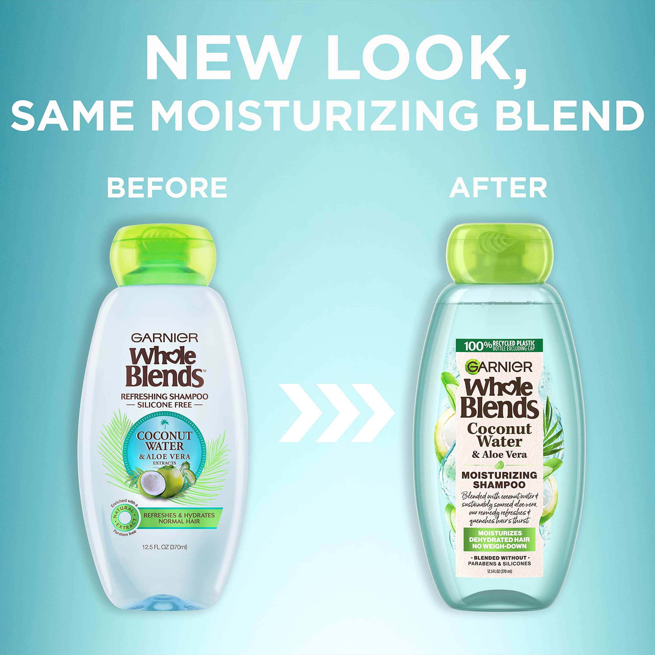 Frasco de acondicionador Garnier Whole Blends, aroma veraniego coco y aloe