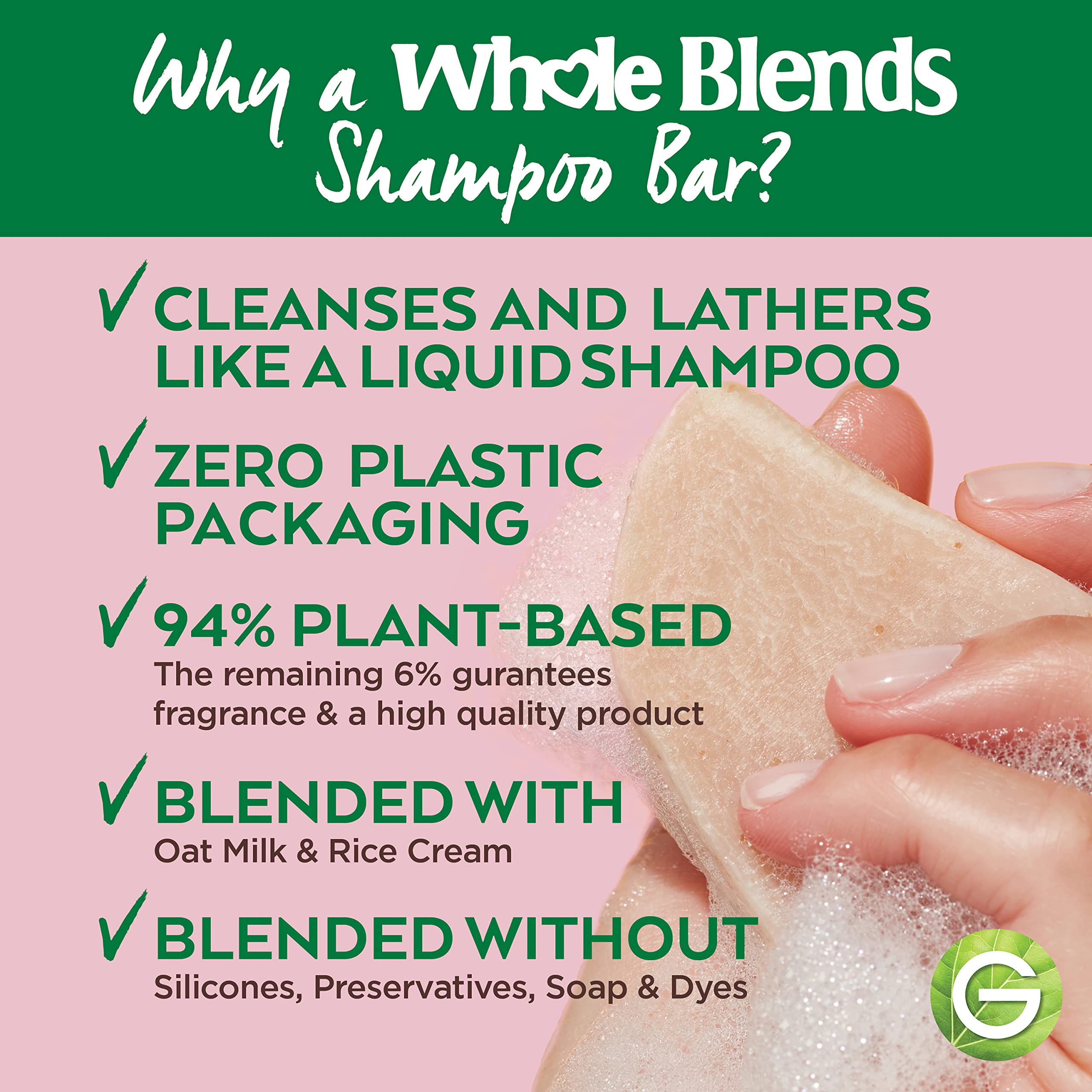 Garnier Whole Blends barra champú sólido uso diario, cabello limpio y ligero.