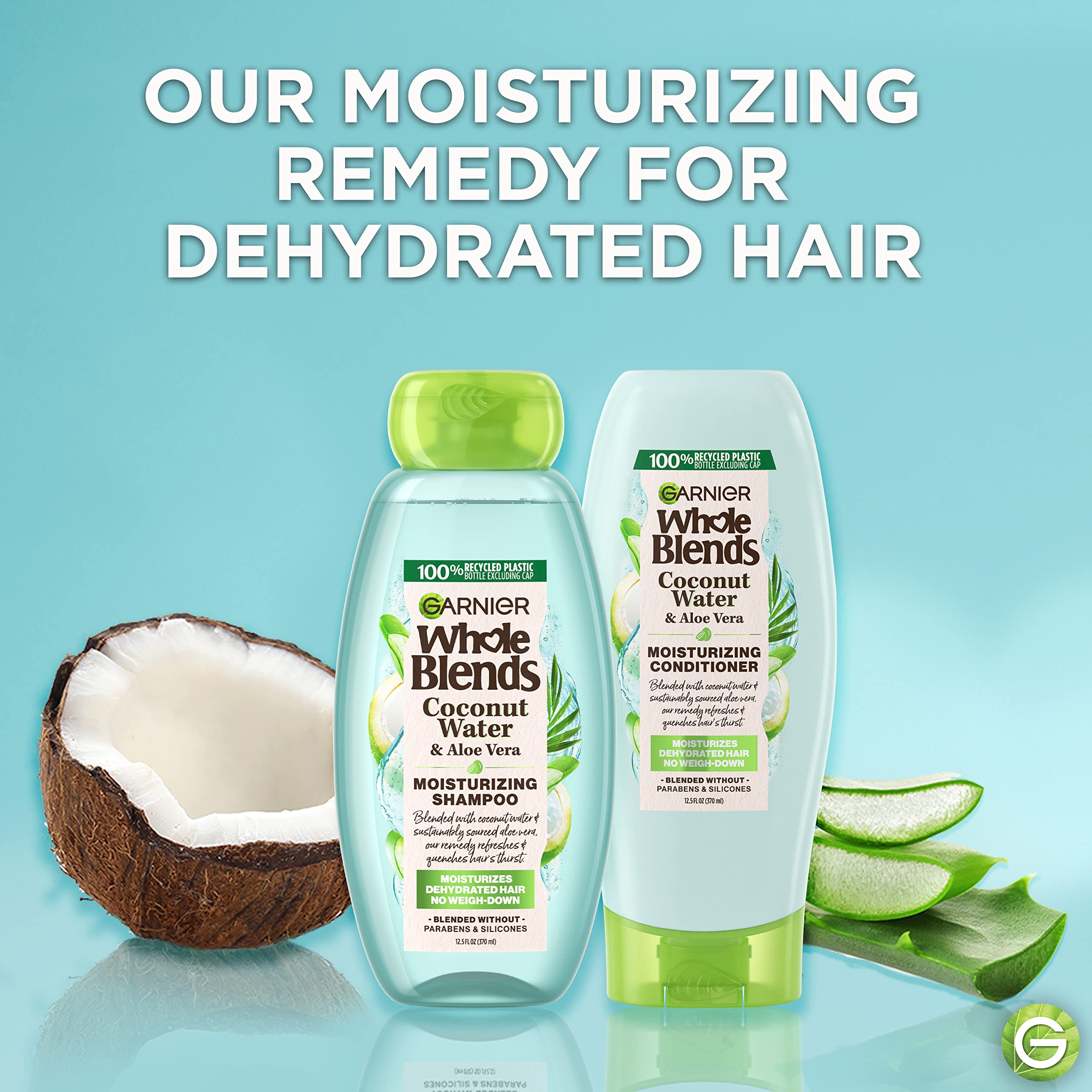 Acondicionador Garnier Whole Blends en botella visible, hidratación ligera