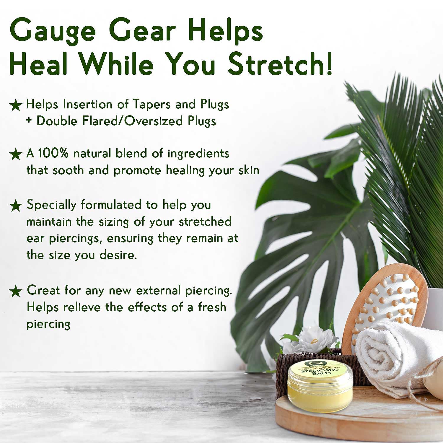 Gauge Gear: ingredientes naturales como jojoba y almendra para piel sana.