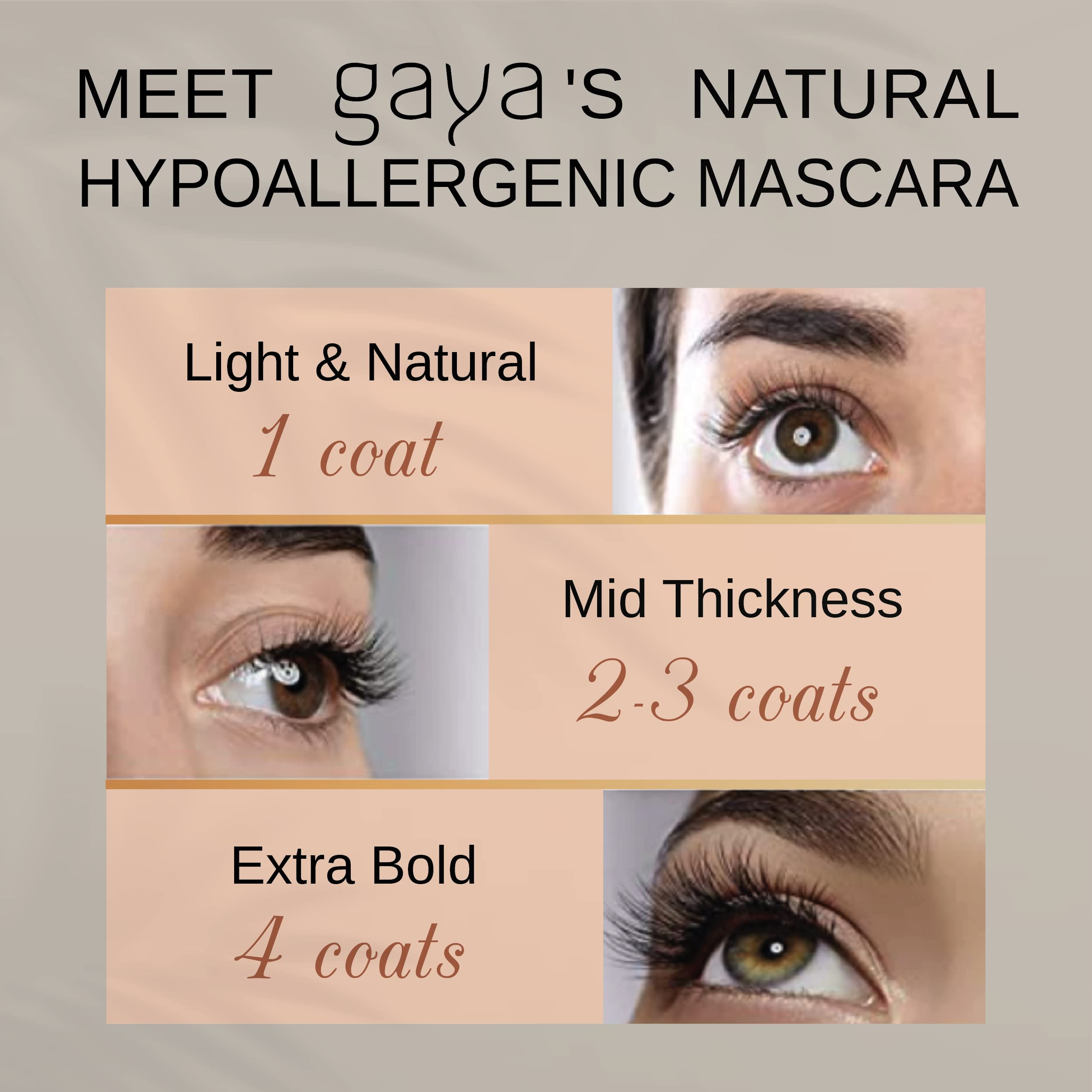 Máscara Gaya Cosmetics para pestañas largas y definición precisa.