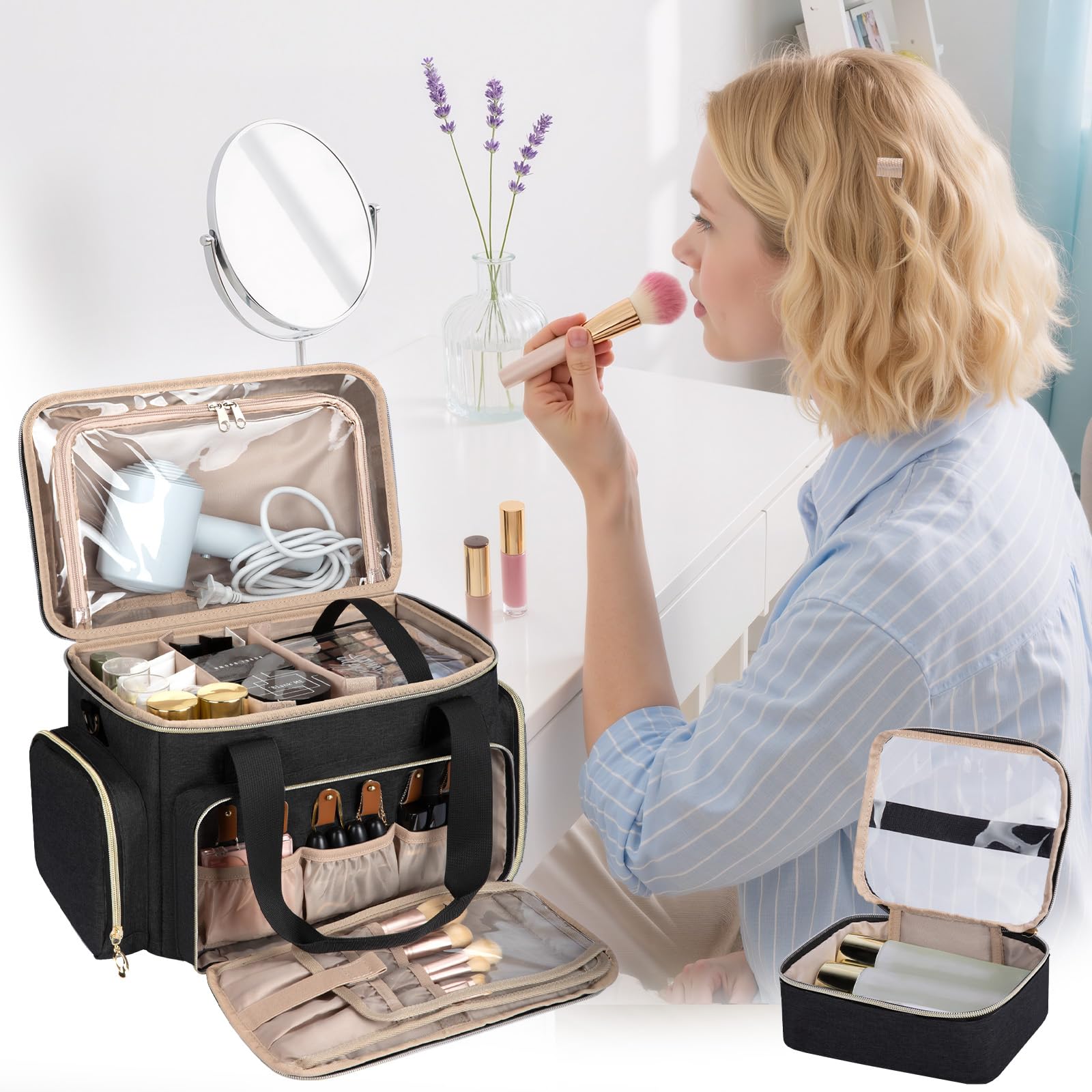 GDNasist gran estuche maquillaje correa trasera para acoplar a maleta.