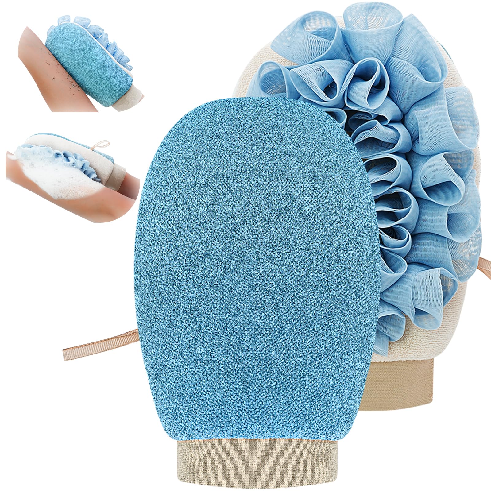 Guante exfoliante Gdrctica 2 en 1 en azul para limpieza profunda y suave.
